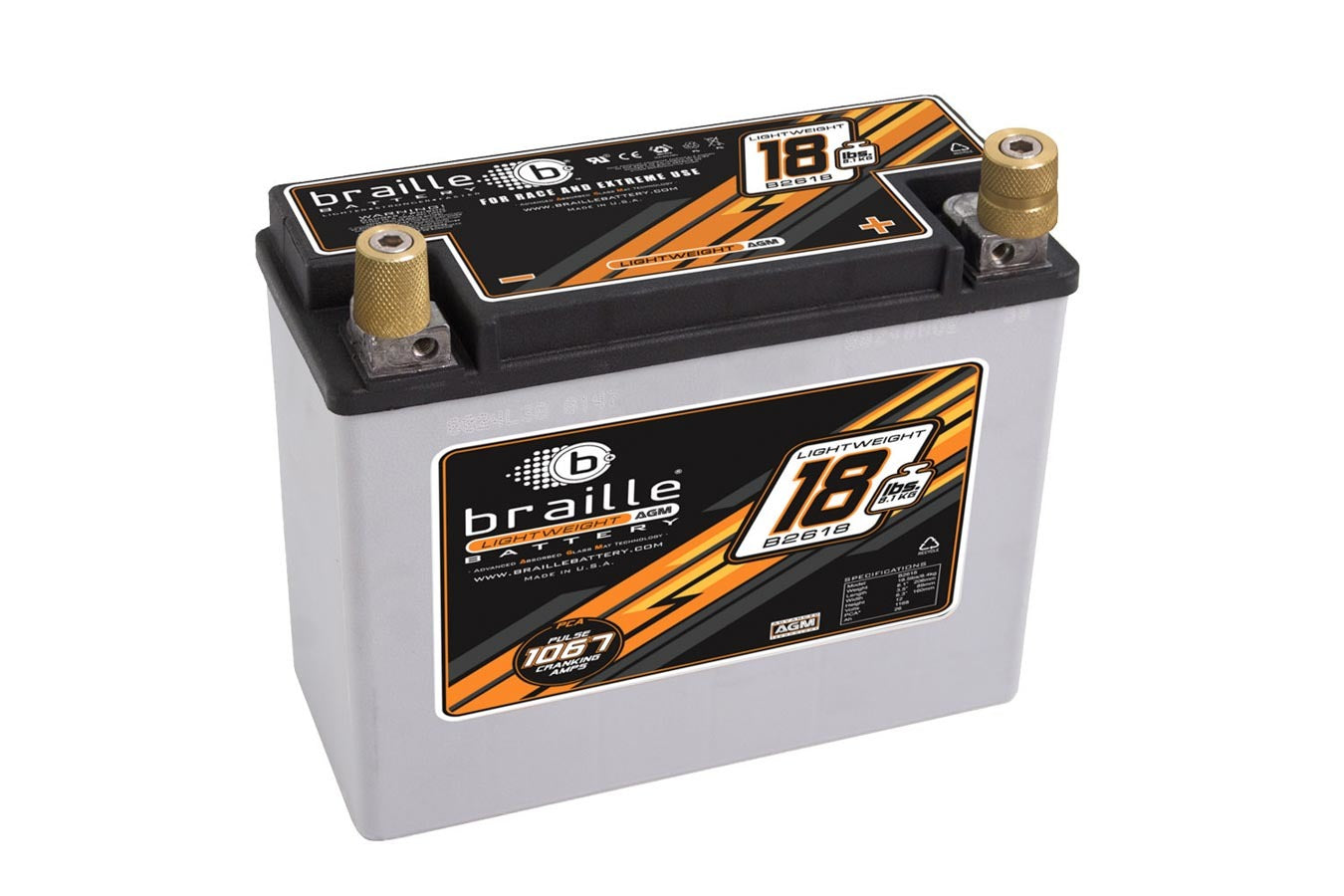 Braille Auto Battery B2618 Racing Battery, 12V AGM, 1168 Pulse Cranking Amps, Threaded Top Terminals, 8.10 in Length, 6.30 in Height, 3.50 in Width