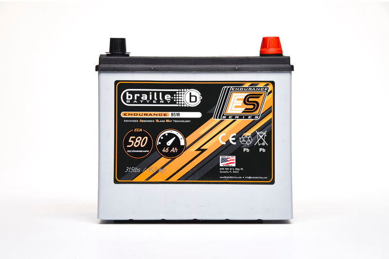 Braille Auto Battery B51R Endurance AGM Battery with 580 Cold Cranking Amps and Top Terminals