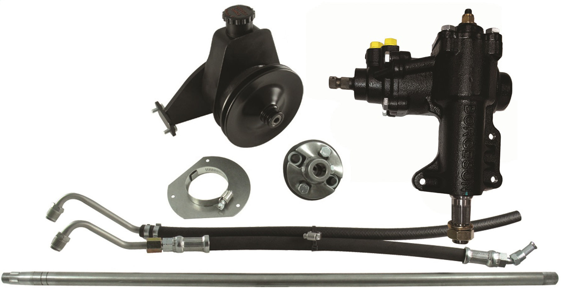 Borgeson Power Steering Conversion Kit for 1965-1966 Ford Mustang with 14:1 Ratio, Iron Steering Box, Includes Brackets, Joints, Lines, and Pump