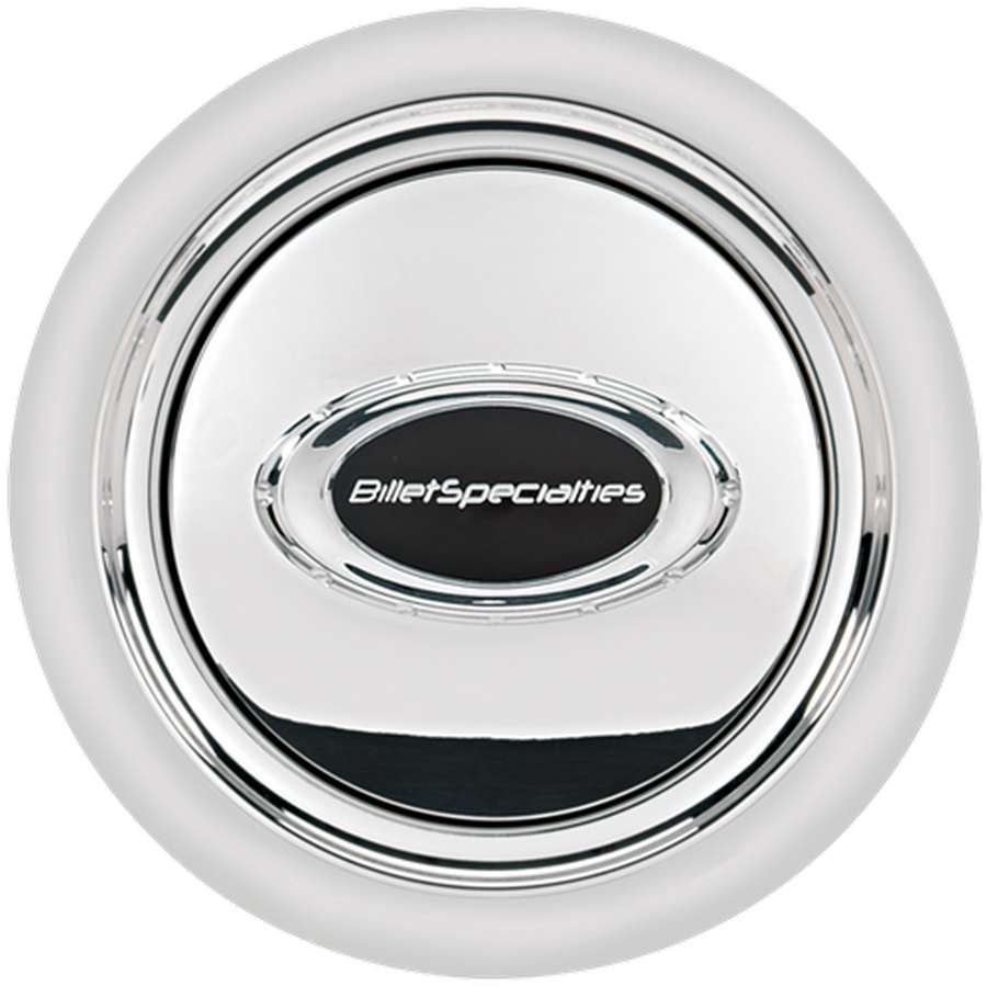 Billet Specialties Horn Button Smooth Polished with Black Logo, Aluminum, Black Anodized Finish