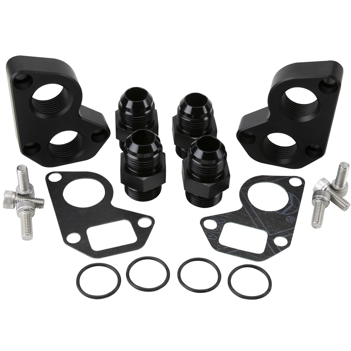 Billet Specialties LS Engine Remote Water Pump Adapter Kit with 12 AN Male Fittings, Aluminum Black Anodized