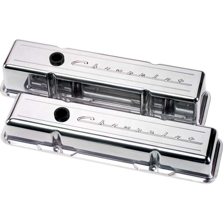 Billet Specialties SBC Script Tall Valve Covers for Small Block Chevy, Aluminum, Polished Finish, Baffled with Breather Hole and Grommets