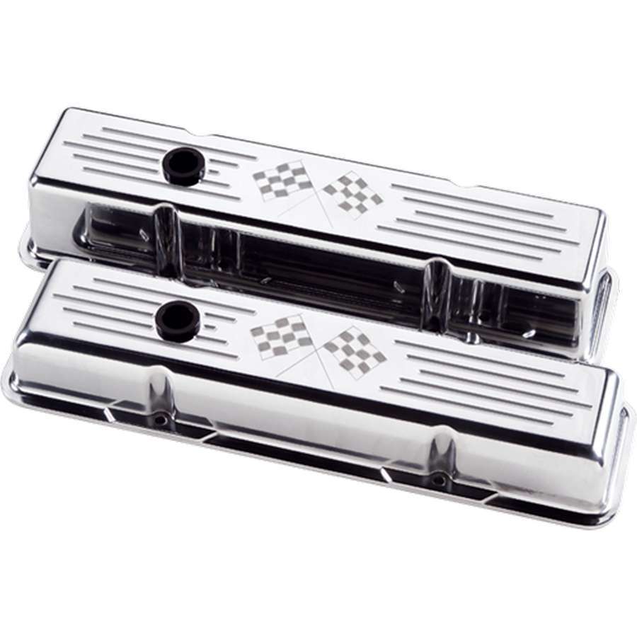 BILLET SPECIALTIES Polished SBC Tall Valve Cover with Checkered Flag Design