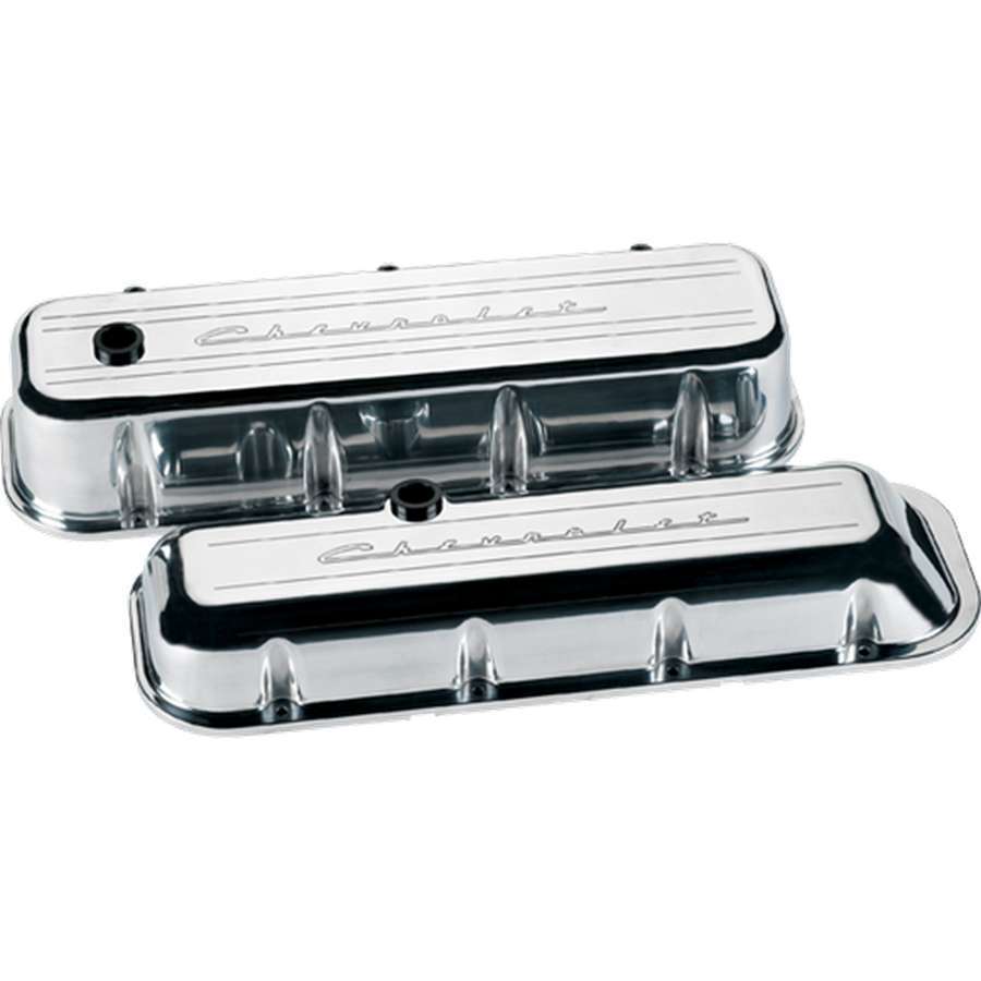 Billet Specialties BBC Valve Covers with Chevy Logo, Stock Height, Aluminum, Polished Finish, Pair