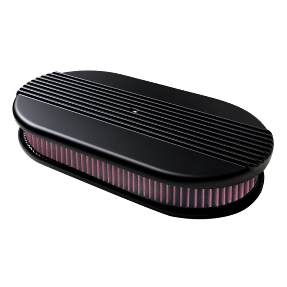Billet Specialties Air Cleaner Assembly Dual Quad Ribbed Black BLK15650 with 17.5 x 9.375 Inch Oval Filter and 2.25 Inch Element