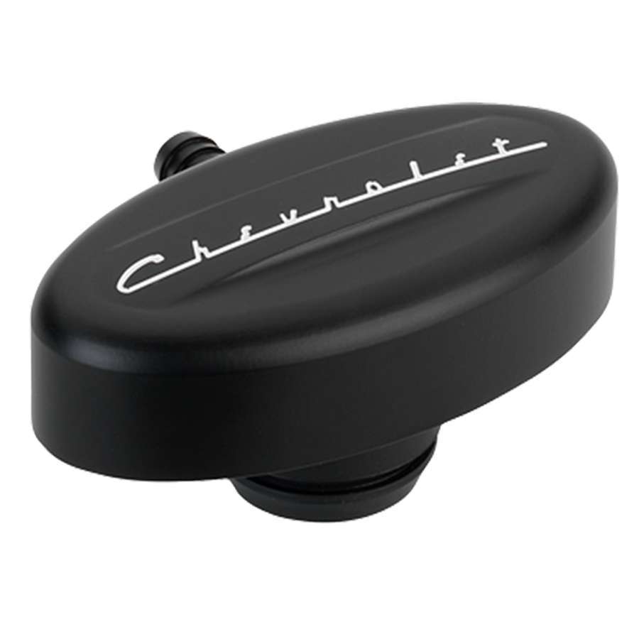 Billet Specialties PCV Breather 1-1/4 Inch Oval Push-In with Chevrolet Logo and Black Anodized Finish