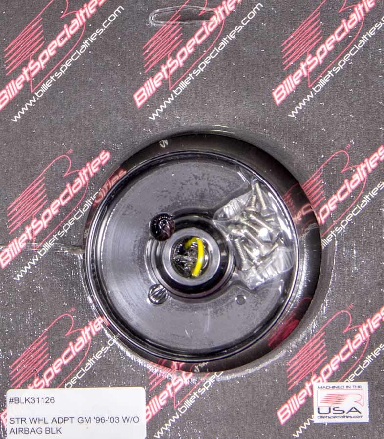 Billet Specialties 96-03 GM Steering Wheel Adapter with Polished Stainless Hardware and Black Anodized Aluminum Finish