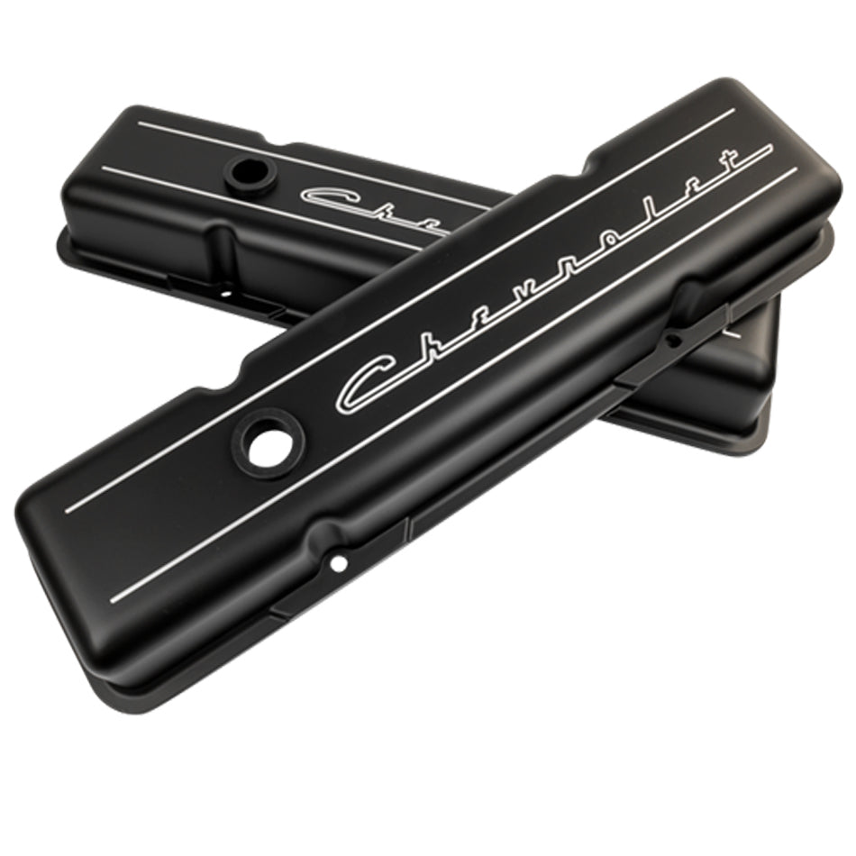 Billet Specialties SBC Short Valve Cover with Chevrolet Logo and Black Finish