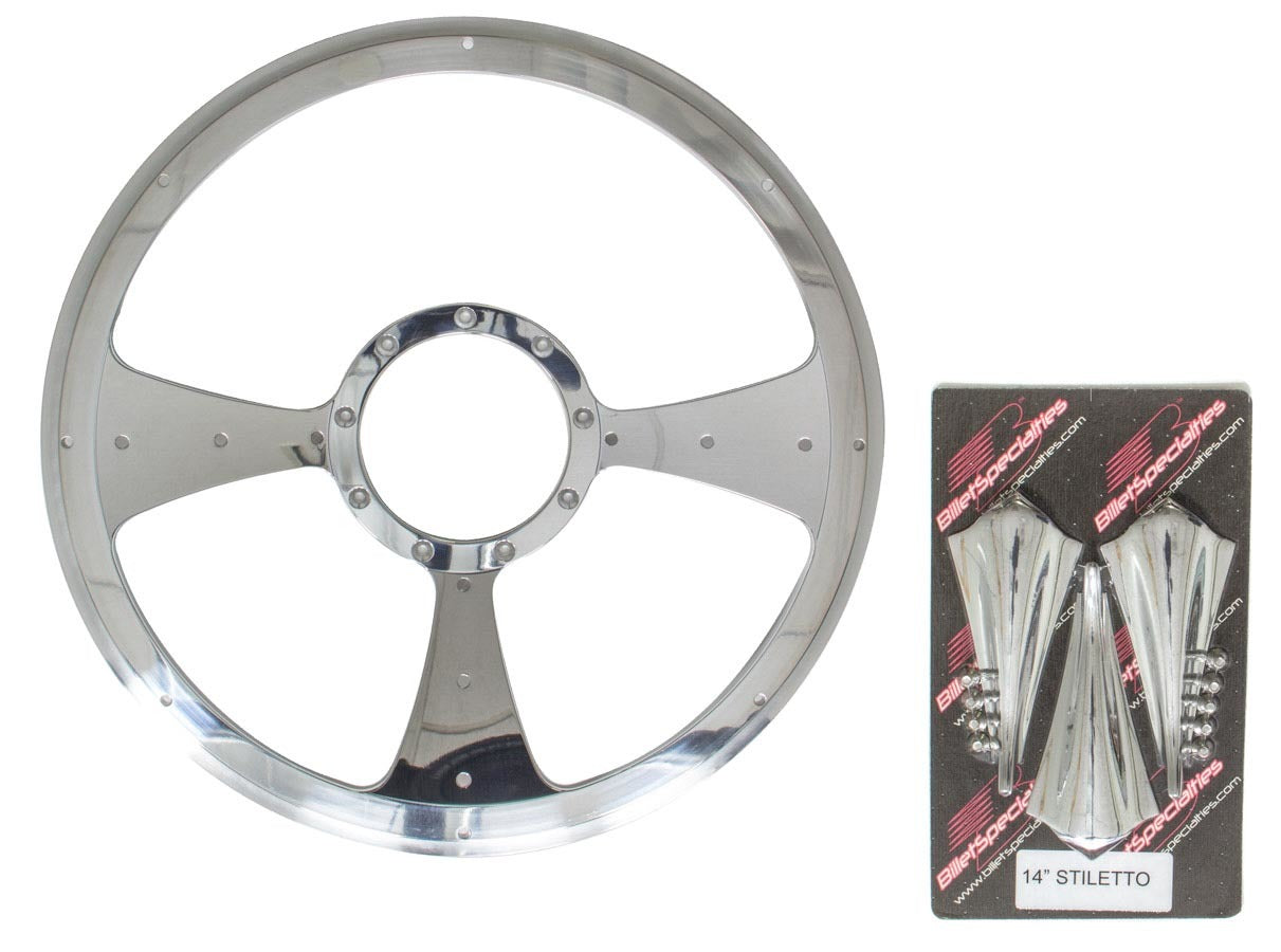 Billet Specialties P30092 Stiletto Profile Steering Wheel, 14 Inch Diameter, Aluminum, Polished Finish, 3-Spoke with Milled Finger Notches
