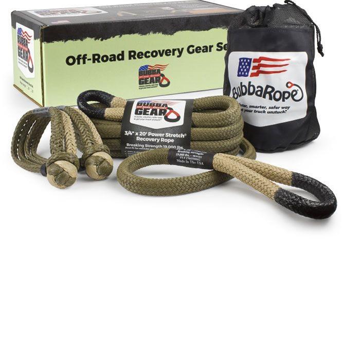 Bubba Rope 176855BKG Jeep Recovery Gear Set, 3/4 Inch Diameter, 20 Feet Long, 19,000 Pound Breaking Strength, Tan Nylon Tow Rope with Gator Jaws