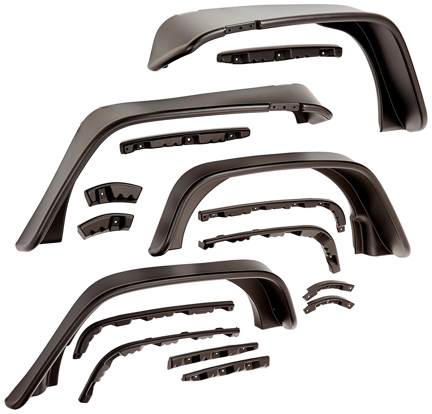 Bushwacker 10918-07 Flat Style Fender Flares for Jeep Wrangler JK, Front and Rear, 9.5 Inch Wide Front, 4.75 Inch Wide Rear, Black Plastic