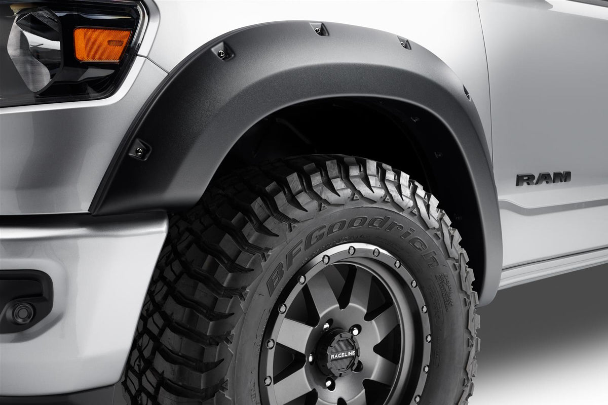 Bushwacker 58131-08 Forge Style Fender Flares for Ram 1500, Front and Rear, 2 Inch Wide Front, 2.6 Inch Wide Rear, Black Plastic Set