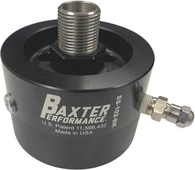 BAXTER PERFORMANCE SS-102-BK Oil Filter Adapter for Subaru FA/FB-Series, 20 mm x 1.5 Center Thread with Schrader Valve, Black Anodized Aluminum