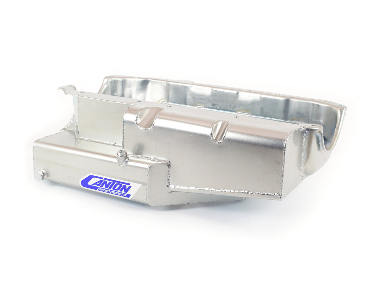 Canton SBC Open Chassis C/T Pro Oil Pan for Small Block Chevy, Rear Sump, 8 Quart Capacity, Steel, Cadmium Finish, 6.5 Inch Deep, 2-Piece Seal