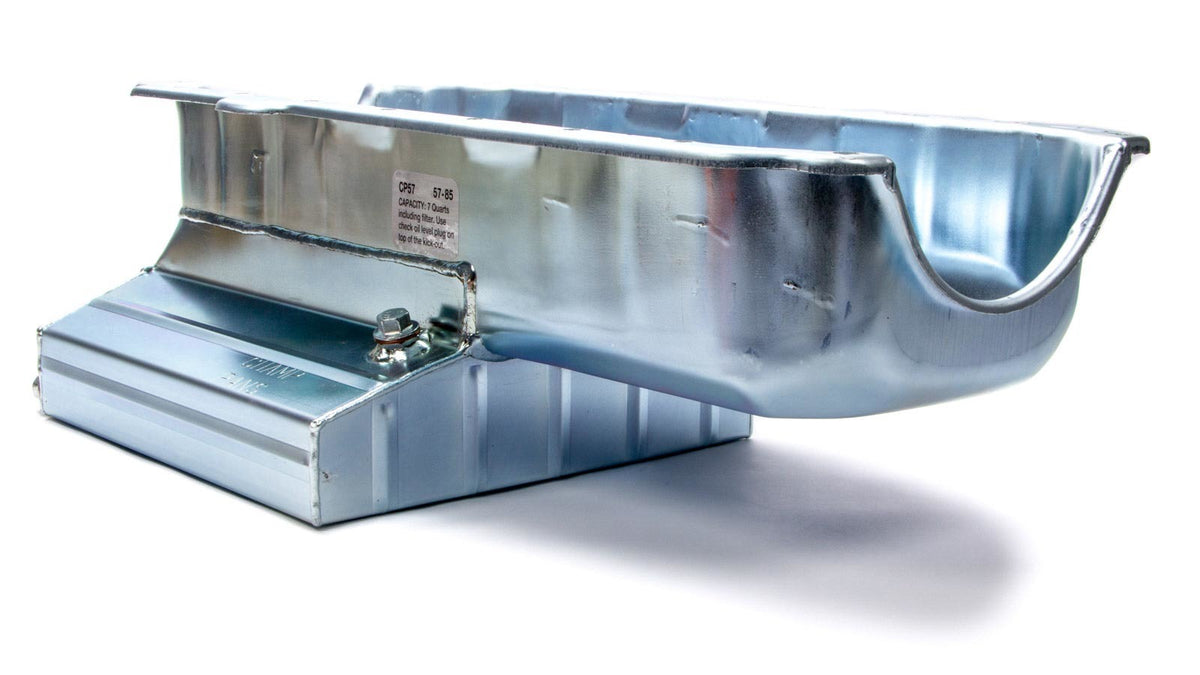 Champ Pans CP57 SBC Claimer Pan Rear Sump Oil Pan, 7 Quart Capacity, 7-Inch Deep Steel Construction with Zinc Plating and Two-Piece Seal
