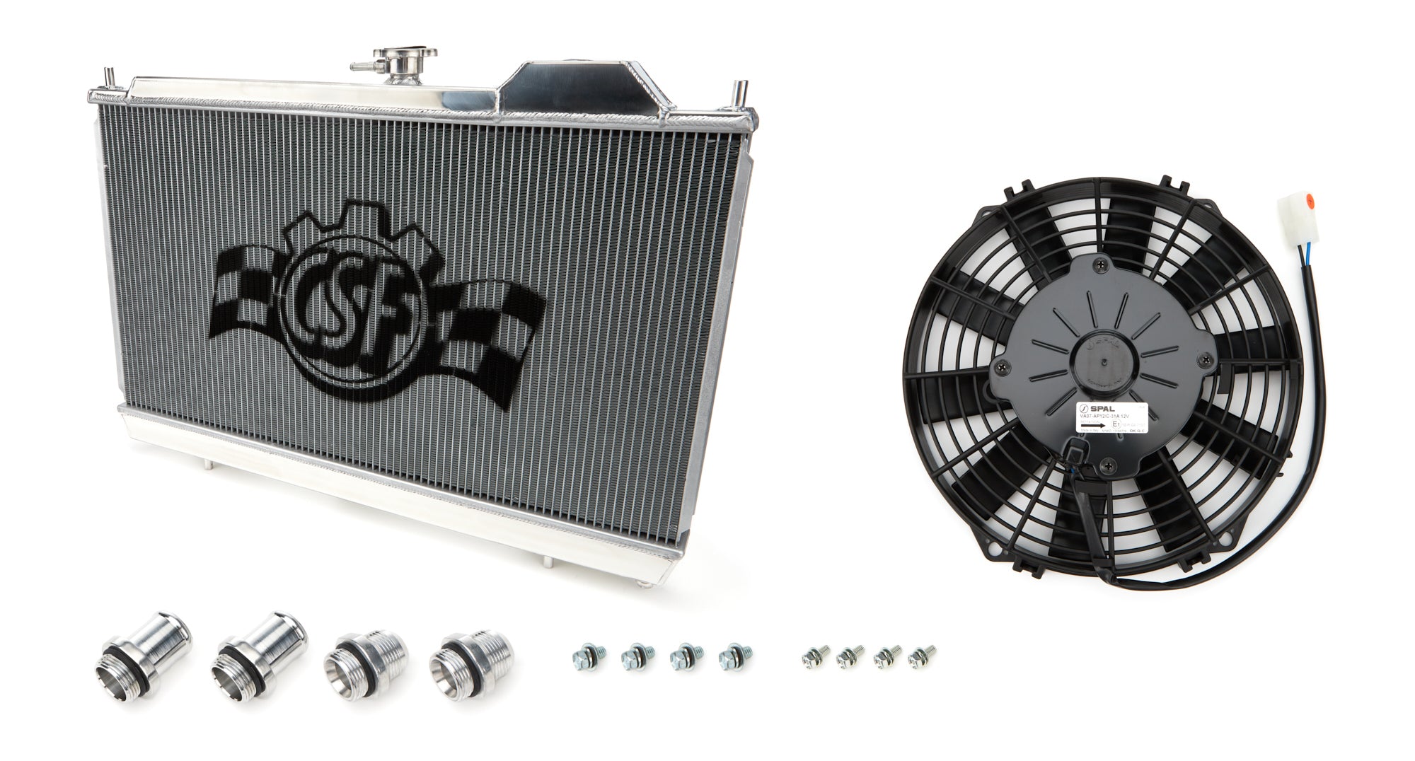 CSF Cooling 7075 Radiator for Mitsubishi Lancer Evolution 7/8/9, 27.625 x 14.75 Inches, Aluminum, Polished, Single Pass, Driver Side Inlet and Outlet, Fan and Shroud Included
