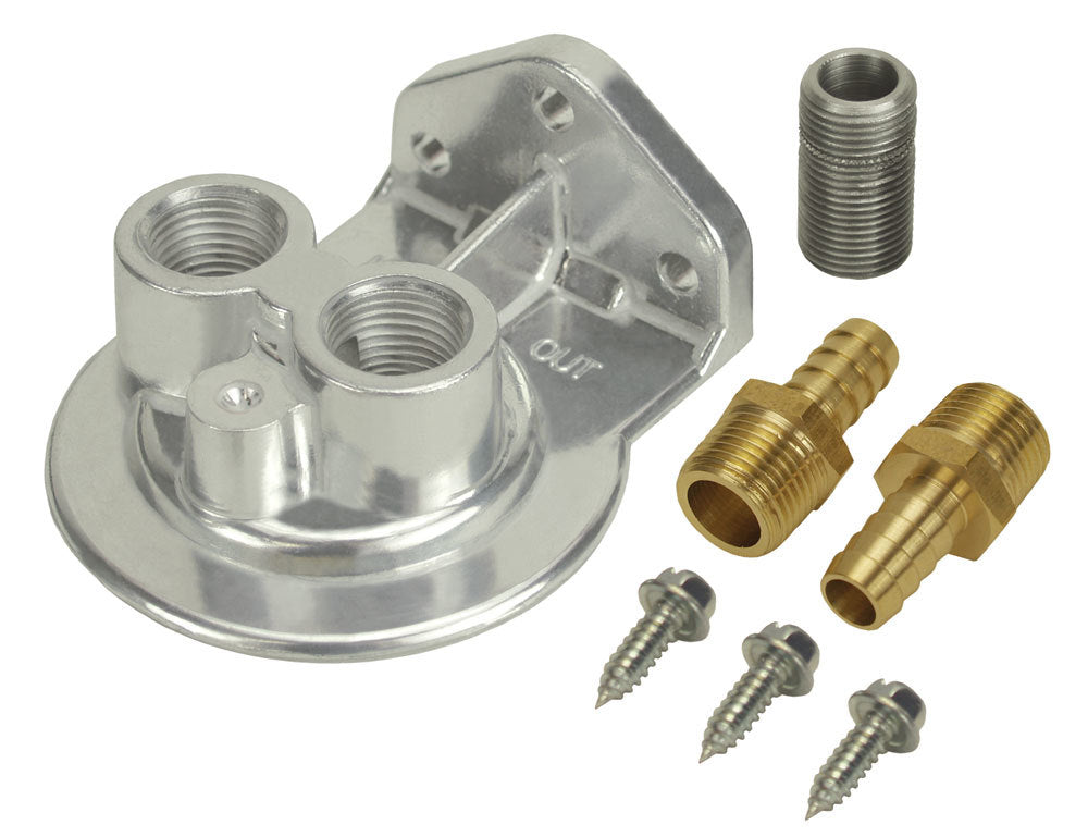 Derale Oil Filter Mount with Ports Up, Part 13005, Aluminum, Polished Finish, 3/8 Inch NPT Female Ports, 3/4-16 Inch Center Thread
