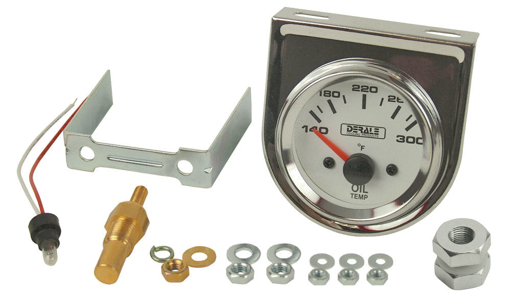 Derale 13009 Oil Temperature Gauge Kit, 140-300°F, 2-1/16 Inch Diameter, Analog Short Sweep, White Face