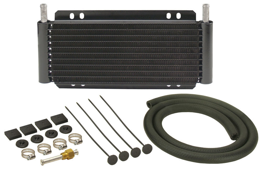 Derale Plate & Fin Transmission Cooler Kit 11/32 Inch Hose Barb Fittings, Aluminum Black Powder Coat