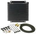 DERALE Fluid Cooler 13614 for Automatic Transmissions, 10.125 x 11.875 inches, Plate and Fin Design, Aluminum with Black Powder Coat Finish, 1/2 Inch NPT Female Inlet/Outlet, Includes 3/8 Inch Hose Barb Adapters and Hardware