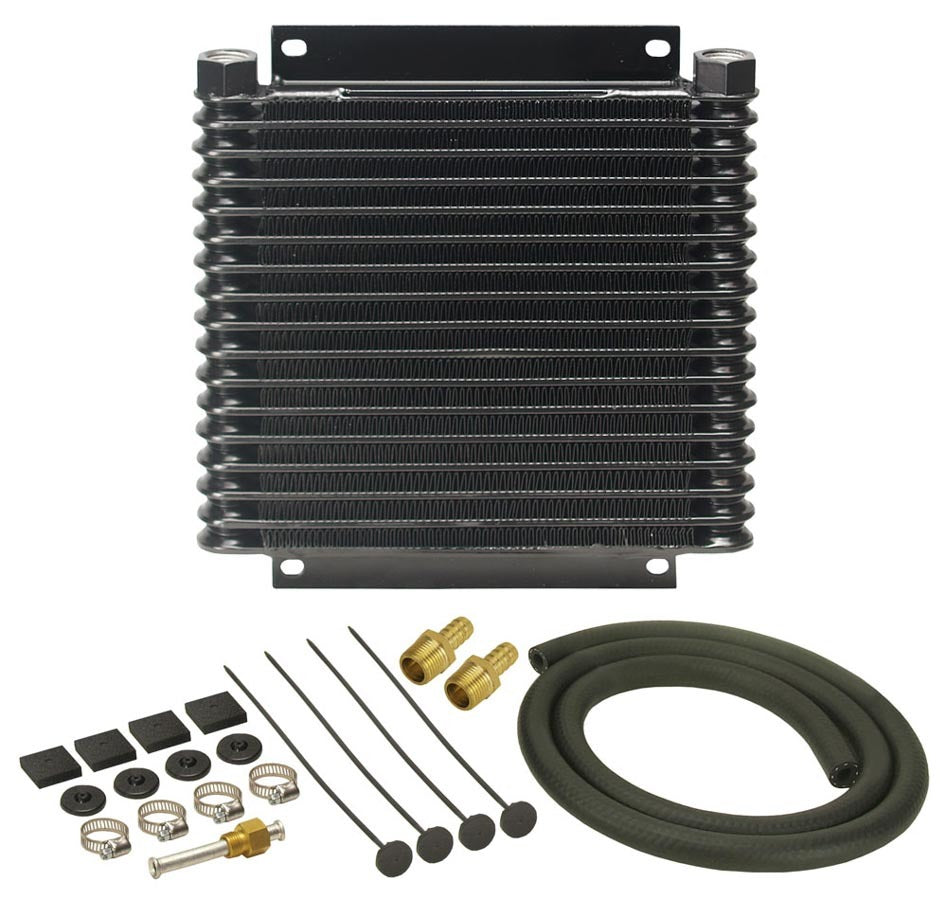 DERALE Fluid Cooler 13614 for Automatic Transmissions, 10.125 x 11.875 inches, Plate and Fin Design, Aluminum with Black Powder Coat Finish, 1/2 Inch NPT Female Inlet/Outlet, Includes 3/8 Inch Hose Barb Adapters and Hardware