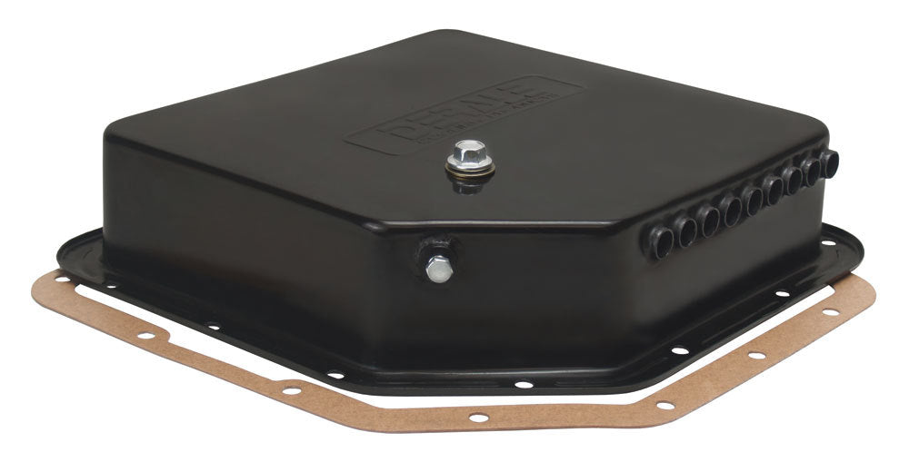 Derale Transmission Pan for GM TH350 with Deep Sump and Flat Design, Black Steel