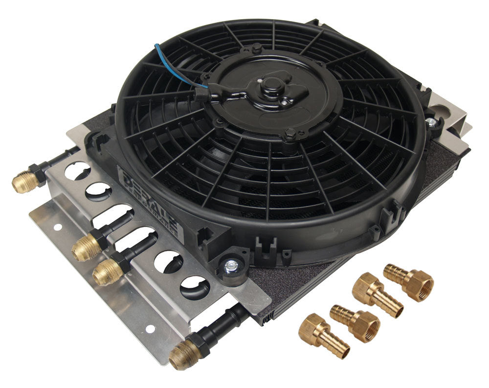 Derale 15220 Dual Circuit Oil Cooler with Fan for Universal Vehicles, 15.75 x 11.5 x 4 Inches, 4/4 Pass Tube Type with 8 AN Male Fittings