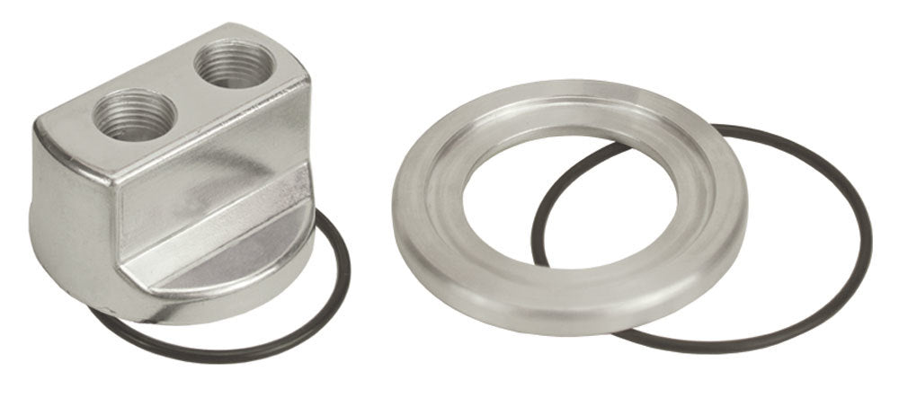 Derale Oil Filter Adapter Kit 15705 - Bypass Block Mount with 13/16-16 Center Thread, 1/2 Inch NPT Inlet and Outlet, Aluminum Polished