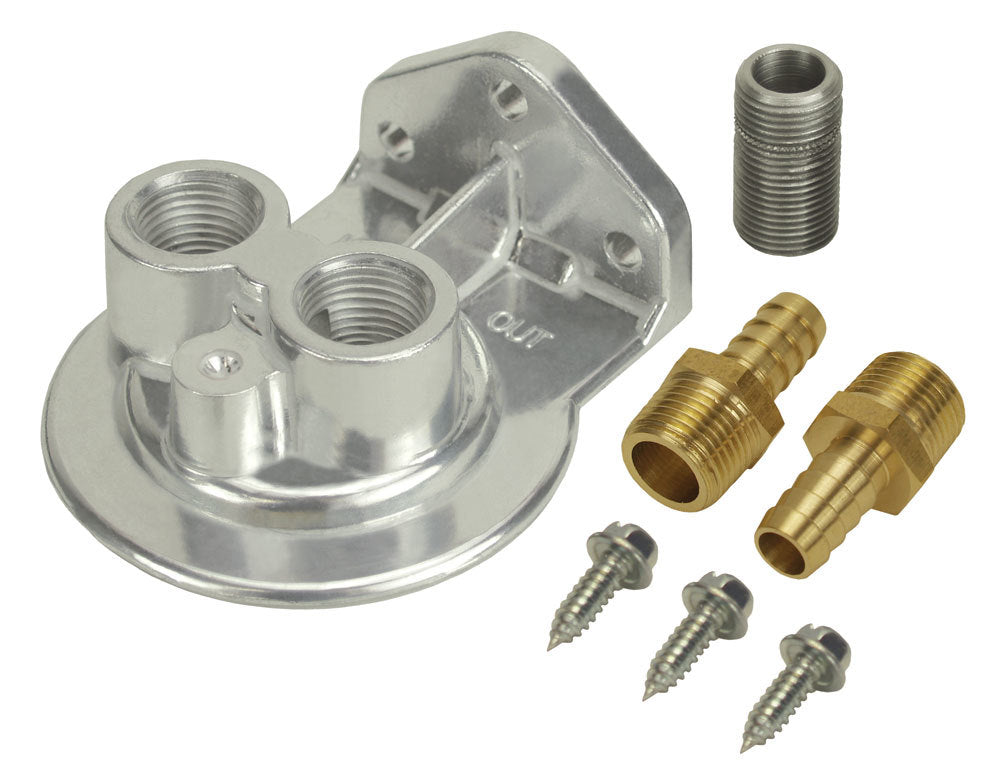 Derale 15708 Single Mount Oil Filter Mount with Ports Up, Aluminum, Polished Finish