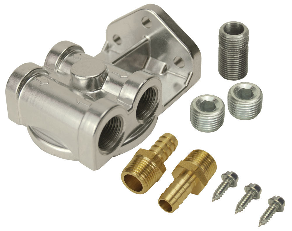 Derale 15709 Single Mount Oil Filter Mount with Side Ports, Aluminum, Polished Finish