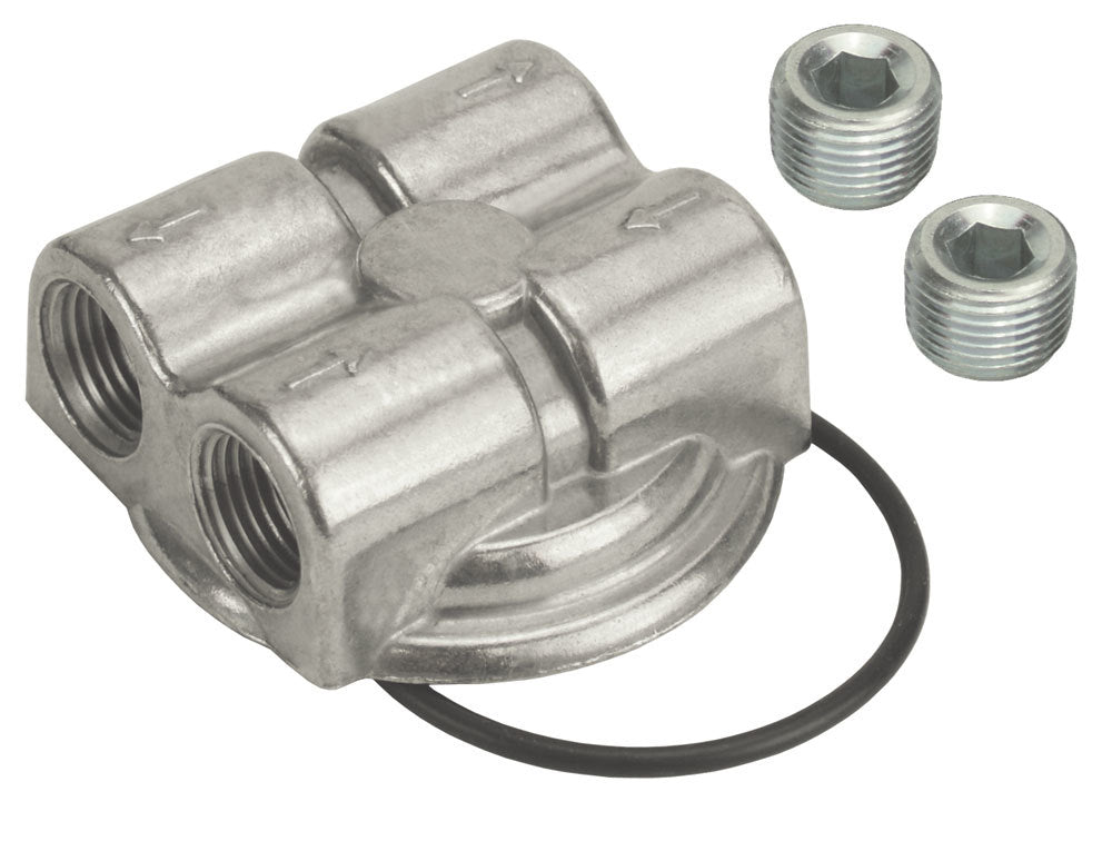Derale 15746 Oil Filter Adapter with Bypass, Block Mount, 3/4-16 Inch Center Thread, 1/2 Inch NPT Dual Inlets and Outlets, Aluminum, Polished Finish
