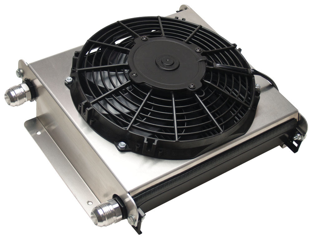 Derale 15876 Remote Oil Cooler with Fan, 13 x 14.88 Inches, Plate Type, Aluminum, Black Powder Coat, 12AN Inlet/Outlet with 10AN Female O-Ring Fittings