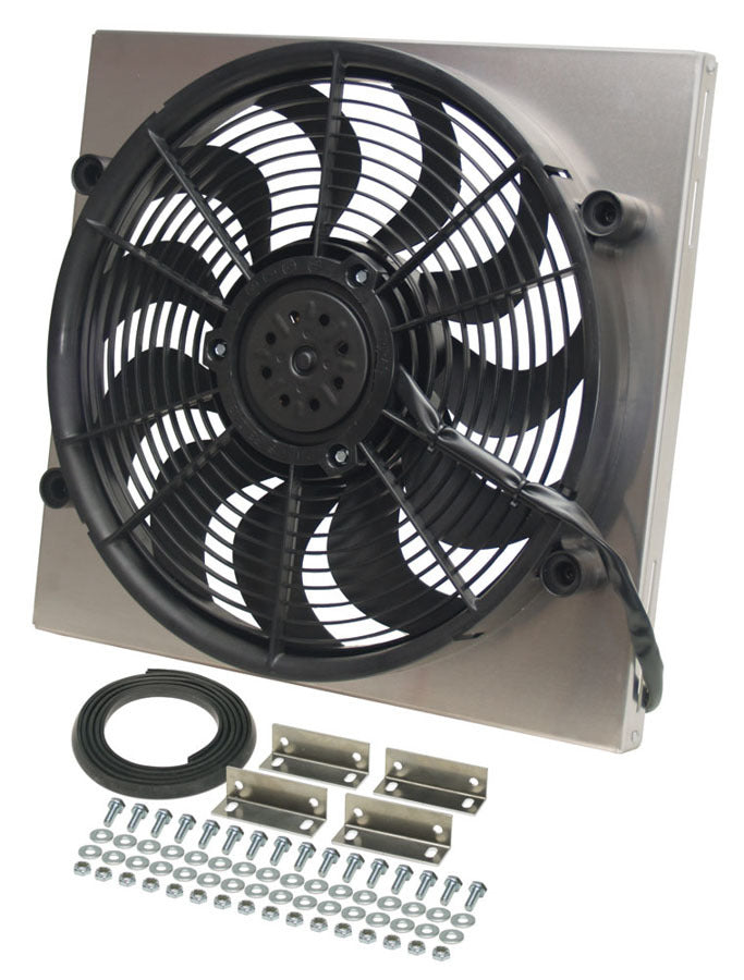 Derale 16818 Rad Fan with Aluminum Shroud Assembly, 17-Inch Pulled Blade, 2400 CFM, 12V, Curved Blade Design
