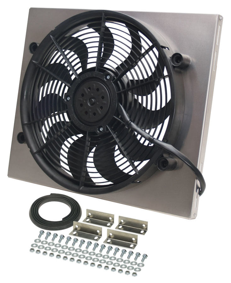 DERALE 16821 Electric Cooling Fan with Aluminum Shroud Assembly, 17-Inch Puller Fan, 2400 CFM, 12V Curved Blade