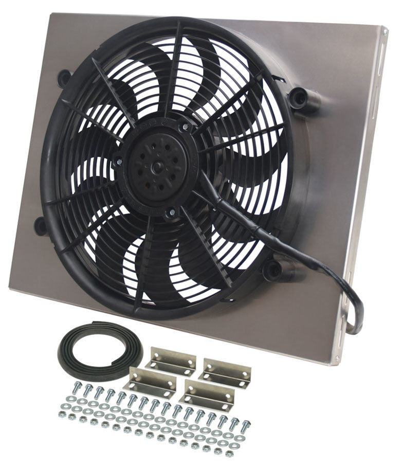 Derale 16822 Radiator Fan with Aluminum Shroud Assembly, 17-Inch Puller Fan, 2400 CFM, 12V Curved Blade