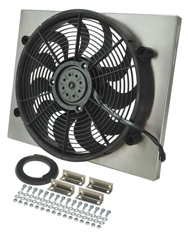 DERALE Radiator Fan with Aluminum Shroud Assembly, 17-Inch Puller Fan, 2400 CFM, 12V, Curved Blade