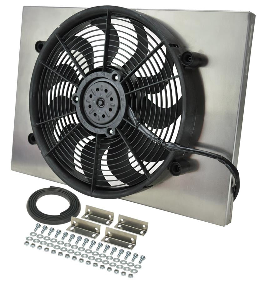 Derale 16828 Radiator Fan with Aluminum Shroud Assembly, 17 Inch Puller Fan, 2400 CFM, 12V Curved Blade