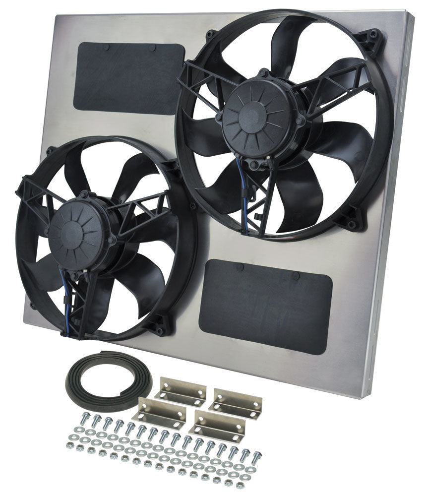 Derale Dual Radiator Fan Assembly with Aluminum Shroud Part 16830, 11-Inch Dual Puller Fans, 3750 CFM, 12V, Curved Blades
