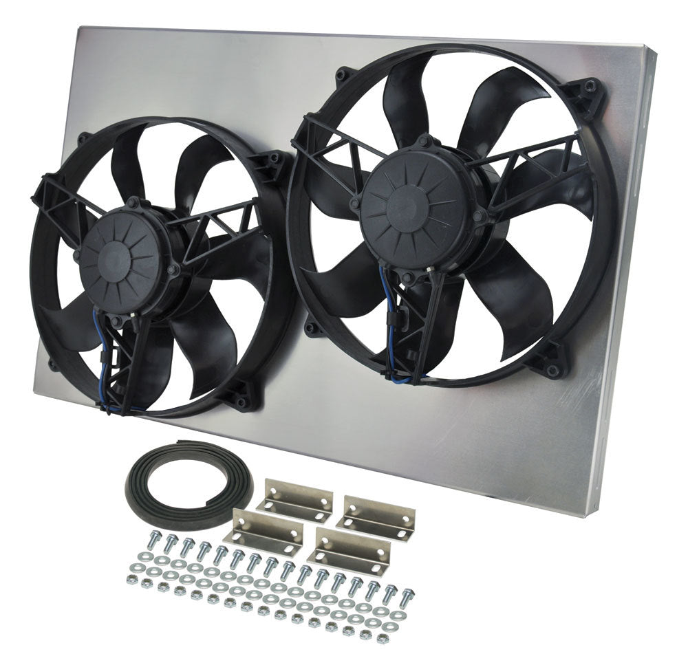 Derale 16831 Dual Radiator Cooling Fan Kit with Aluminum Shroud, 11-inch Dual Puller Fans, 3750 CFM, 12V, Curved Blade