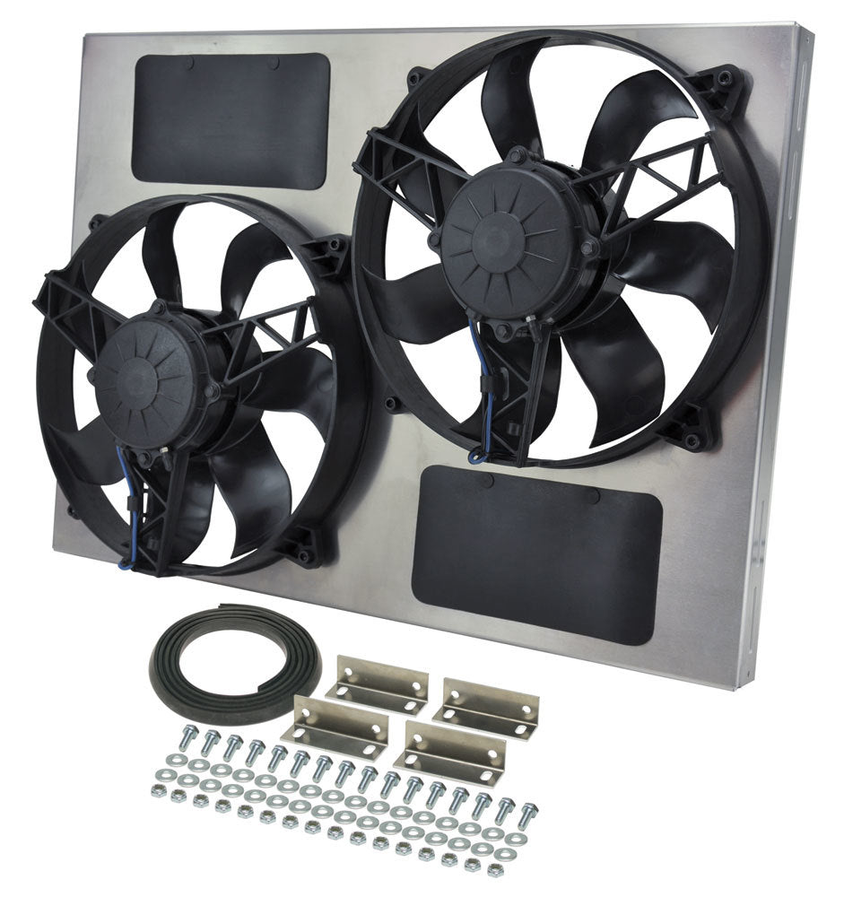 Derale 16833 Dual Radiator Fan Assembly with Aluminum Shroud, 11-Inch Dual Puller Fans, 3750 CFM, 12V, Curved Blades, 24 x 17 Inches