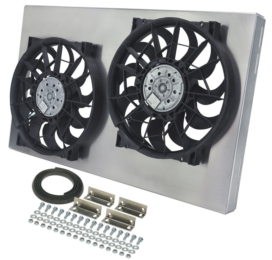 Derale Dual Radiator Fan with Aluminum Shroud Assembly Part 16838, 12 Inch Curved Blade, 4000 CFM, 12V Puller Fan Kit