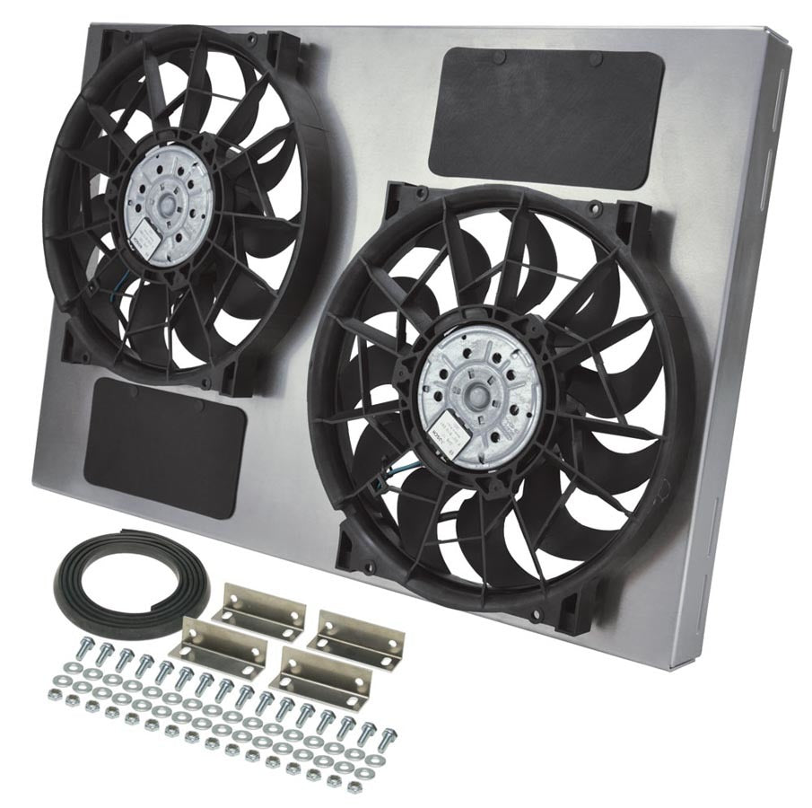 Derale Dual Radiator Fan with Aluminum Shroud Assembly Model 16842, 12V, 12-Inch Dual Puller Fans, 4000 CFM, Curved Blades
