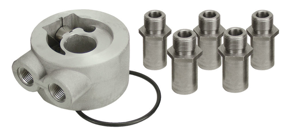 Derale Thermostatic Sandwich Adapter 3/8 in NPT Female Inlet and Outlet Aluminum Oil Cooler Adapter Kit