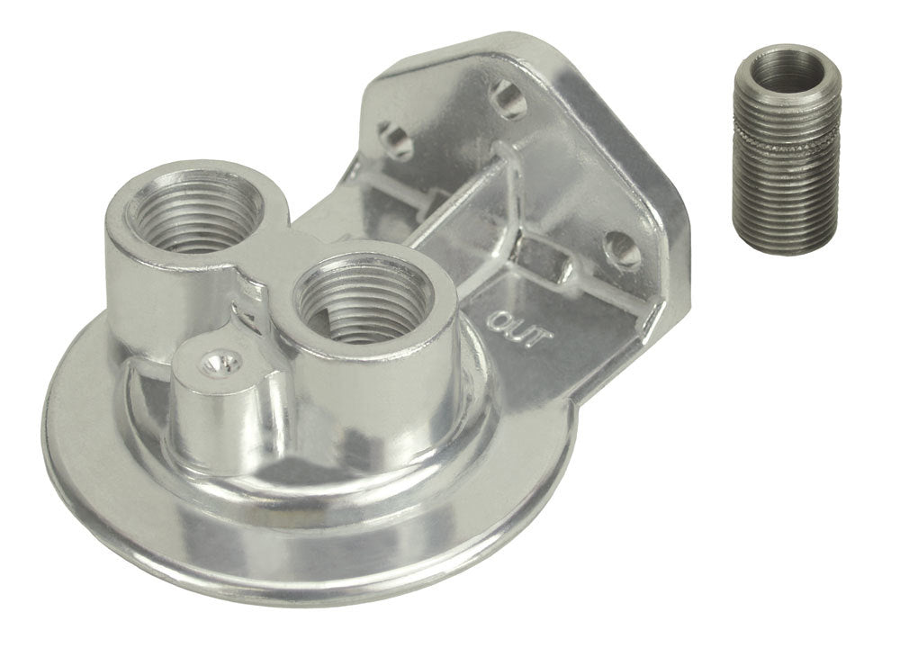 Derale Oil Filter Mount 25708 with Ports Up, 1/2 Inch NPT Female, 3/4-16 Inch Center Thread, Aluminum Polished