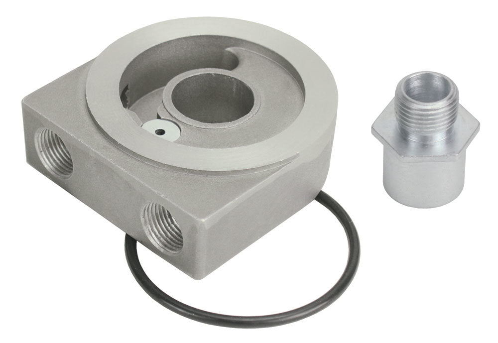 Derale 25772 Low Profile Sandwich Adapter with Pressure Relief, 22 mm x 1.5 Center Thread, 3/8 in NPT Female Inlet and Outlet, Aluminum Natural Finish