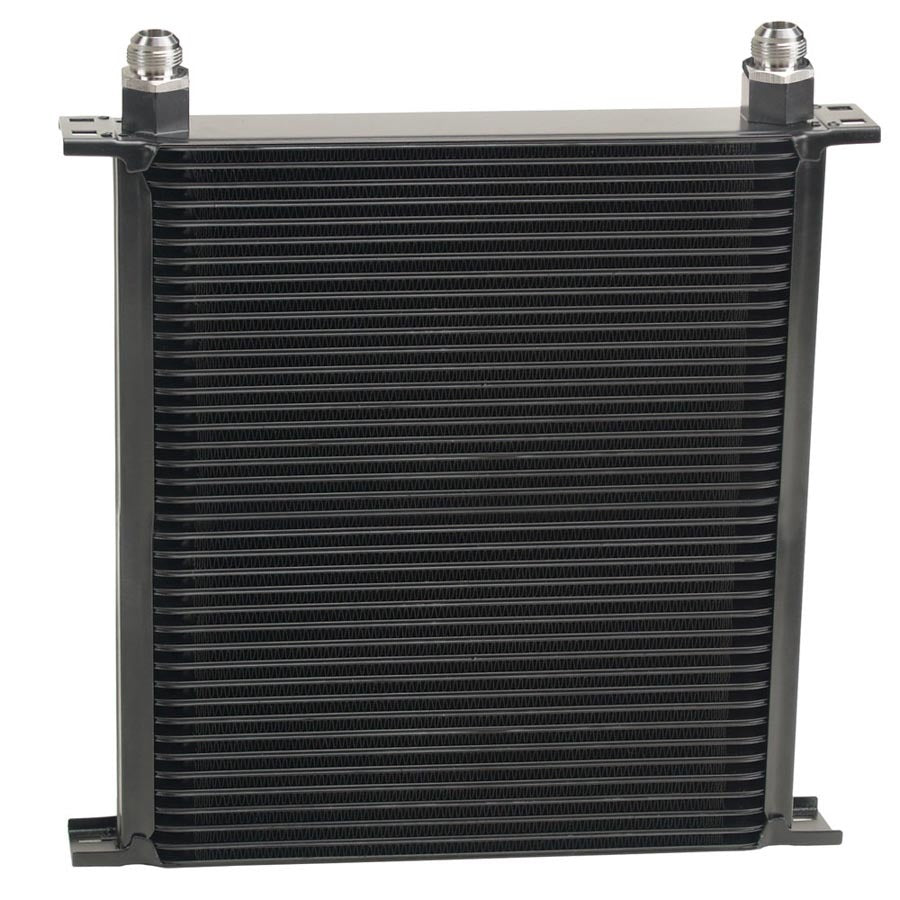 Derale 54010 Stack Plate Oil Cooler, 13 x 13.875 Inches, Plate Type, Black Powder Coat Finish, 10 AN Female O-Ring Inlet and Outlet, Aluminum Construction