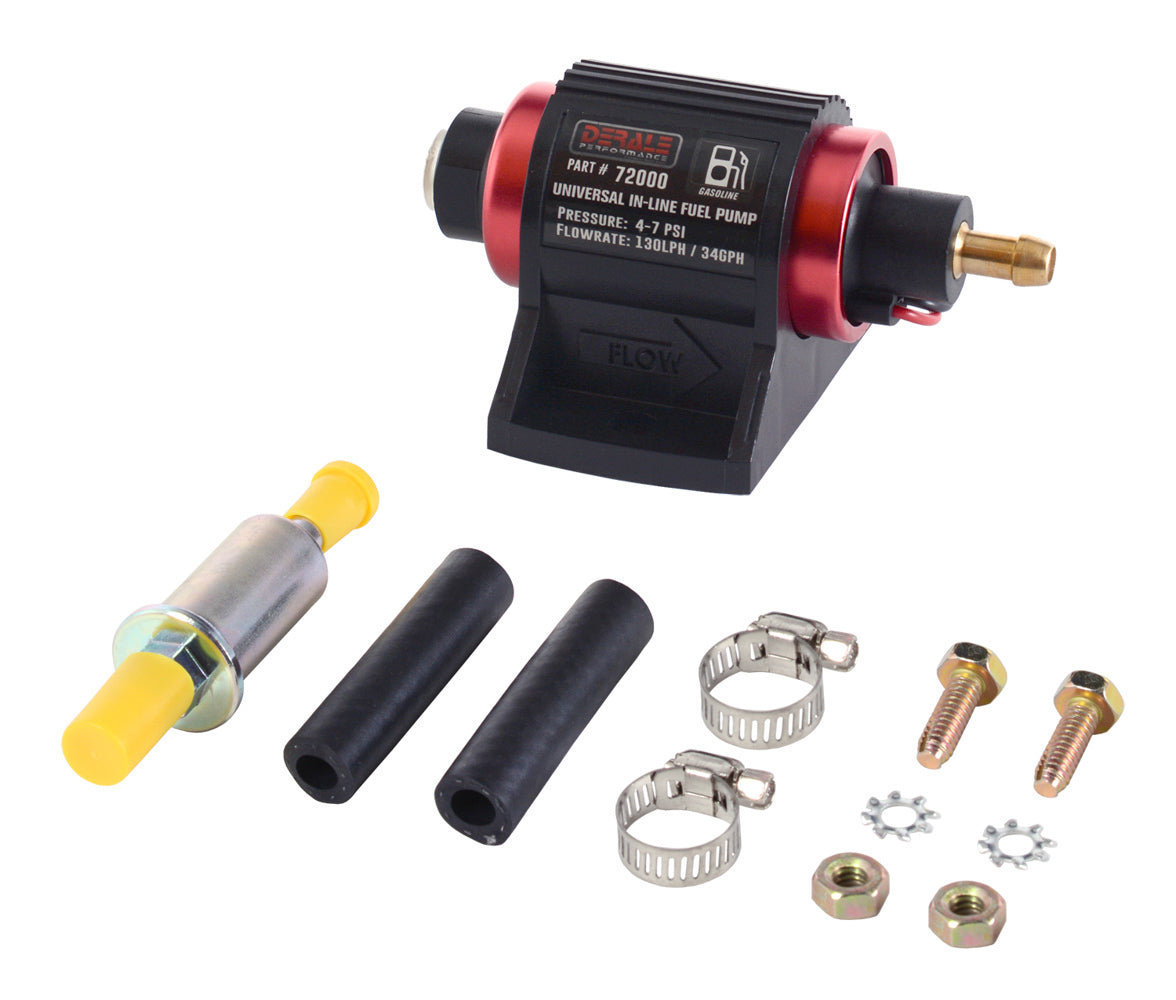 Derale 72000 In-Line Fuel Pump 34 GPH at 7 PSI, Electric, Aluminum, Red and Black Anodized