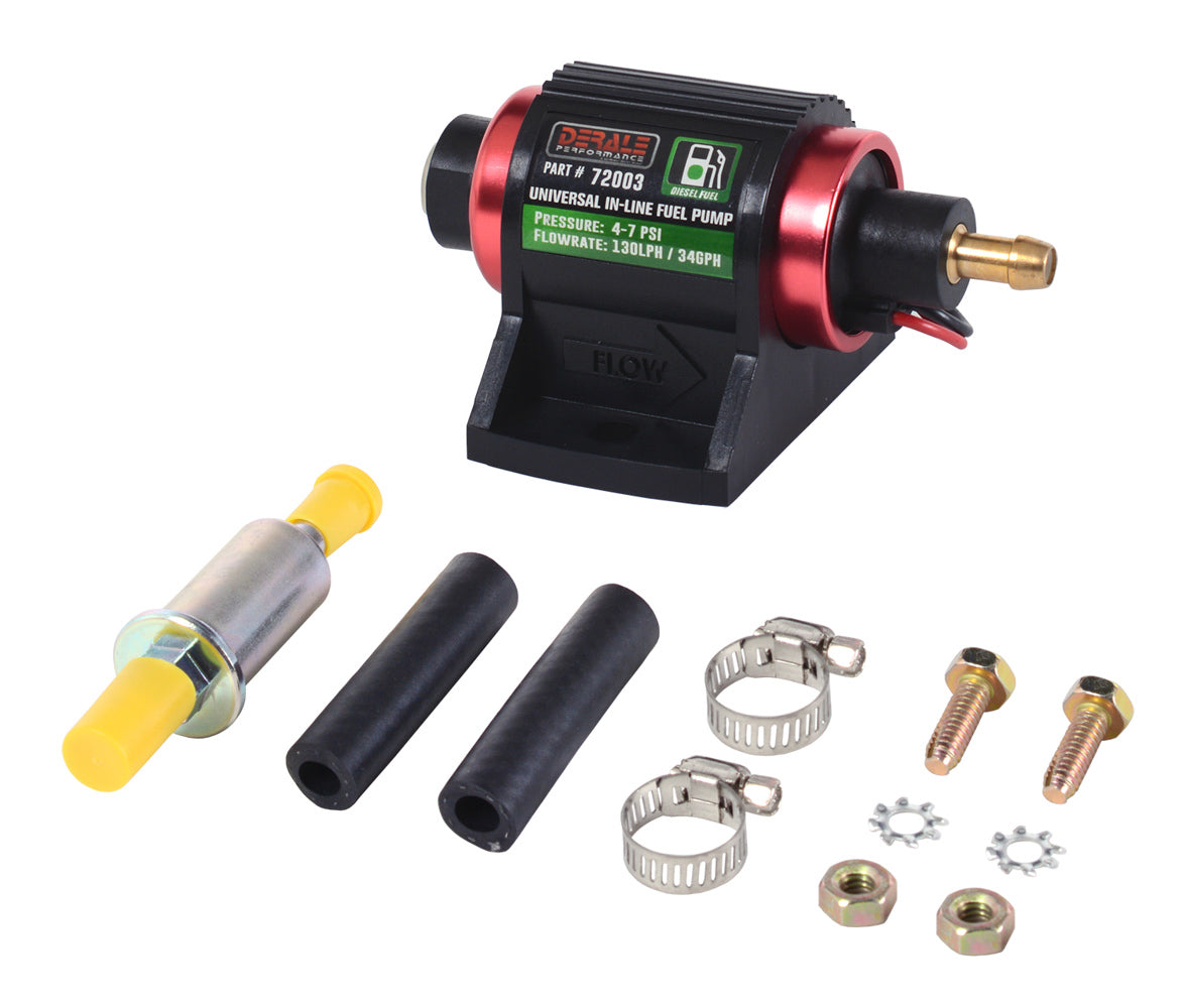 DERALE 72003 In-Line Fuel Pump 130LPH Diesel with 34 GPH at 7 PSI, Aluminum, Red and Black Anodized