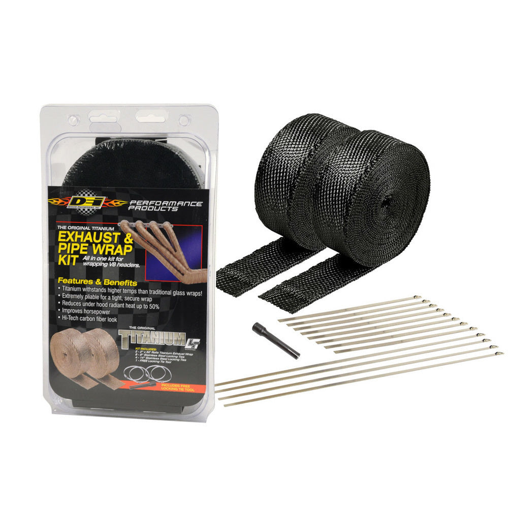 Design Engineering Exhaust & Pipe Wrap Kit Titanium 2 Inch Wide Black 50 ft Rolls with Stainless Locking Ties