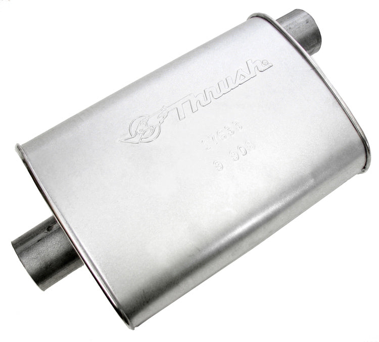 DYNOMAX 17633 Hush Thrush Muffler with 2.5 Inch Offset Inlet and Center Outlet, Steel, Aluminum Finish